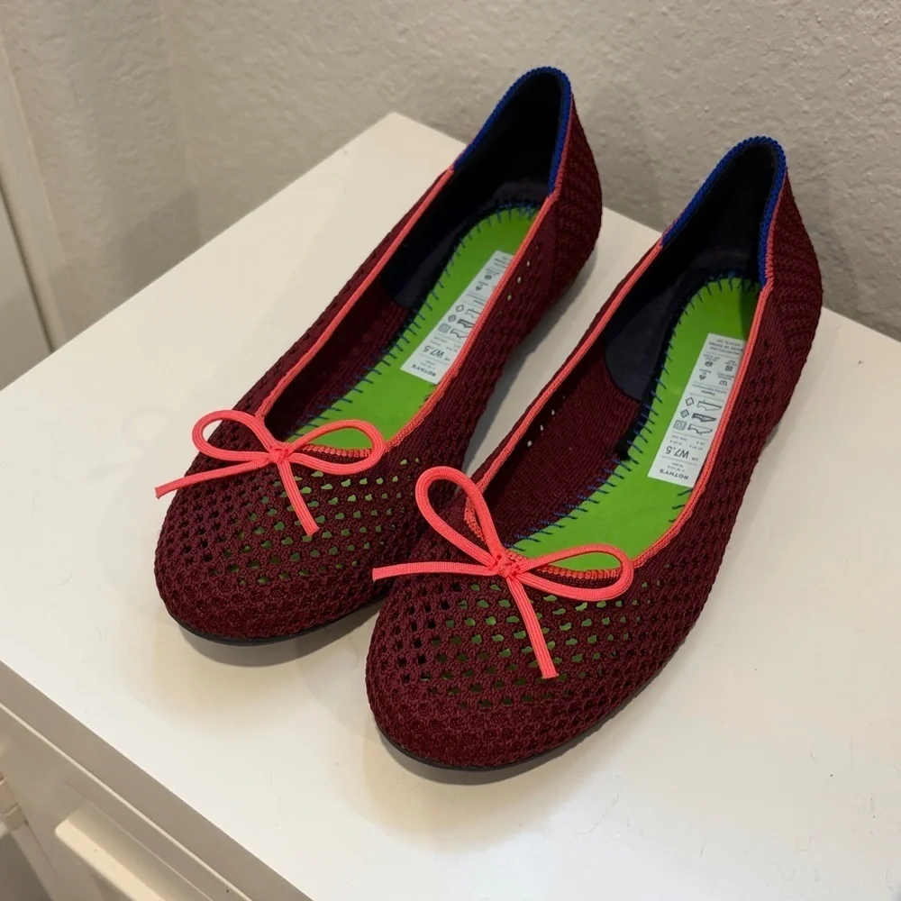Rothy's Women's The Ballet Flat With Bows in Berry‎ Mesh 7.5